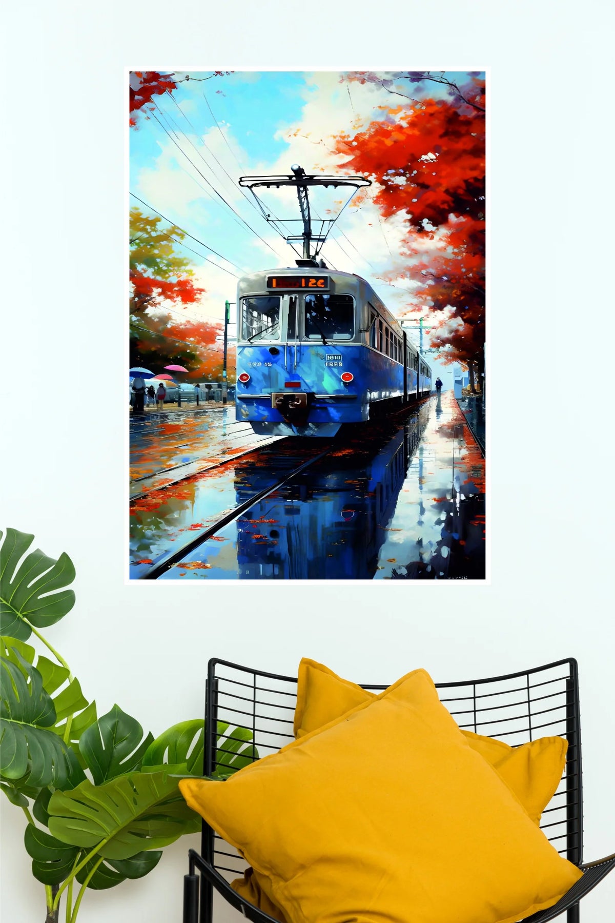 Tranquil Journey Blue Tram Poster | Rainy Day Aesthetic Wall Art  (Art Posters)