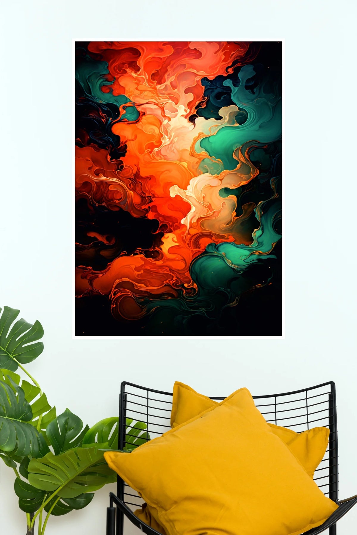 Fiery Orange & Teal Fluid Abstract Art Poster | Modern Wall Decor  (Art Posters)