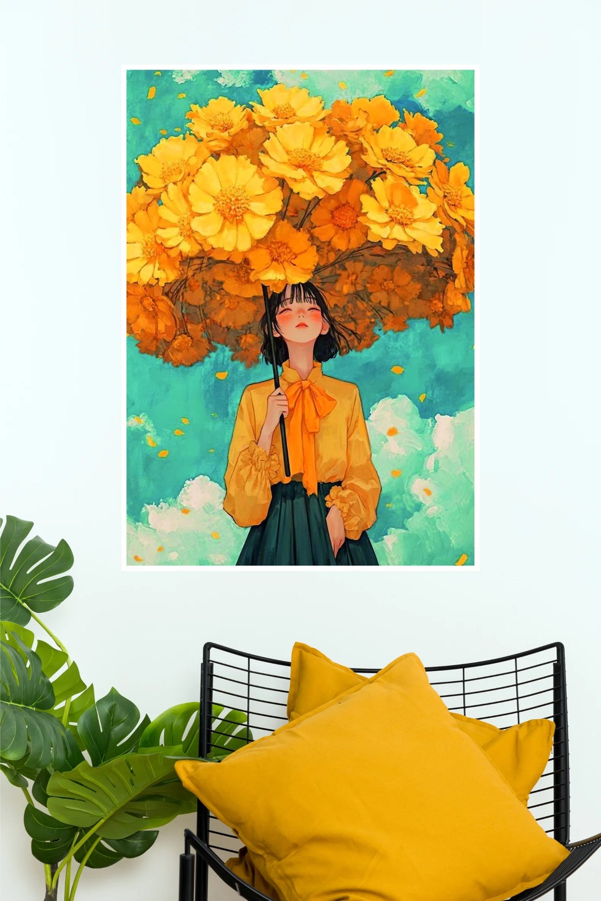 Anime Girl with Yellow Flowers Art Poster | Aesthetic Floral Anime Wall Decor  (Art Posters)