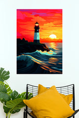 At Sunset A Lighthouse Poster | Colorful Ocean Sunset Wall Art  (Art Posters)