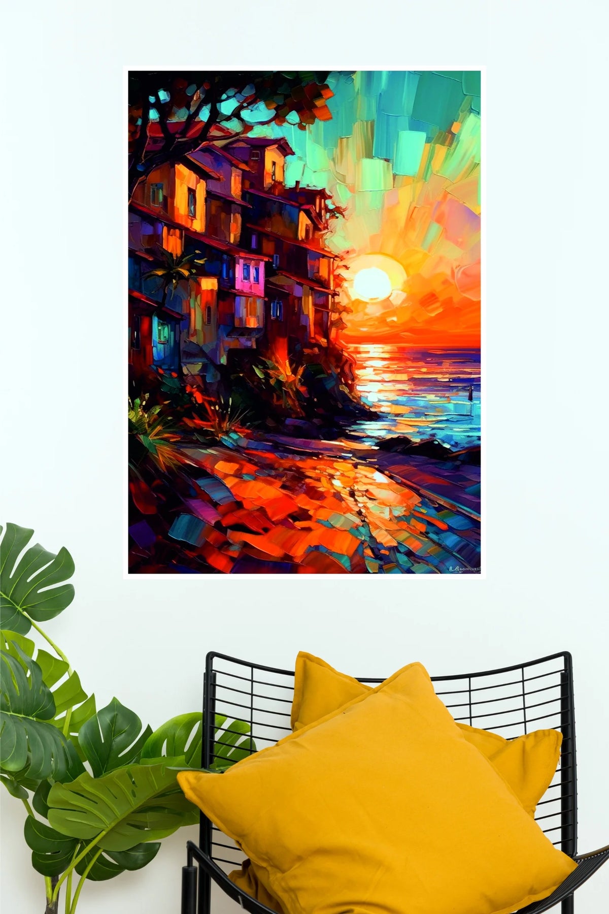 Colorful Beach Sunset Painting Poster | Coastal Village Wall Art (Art Posters)