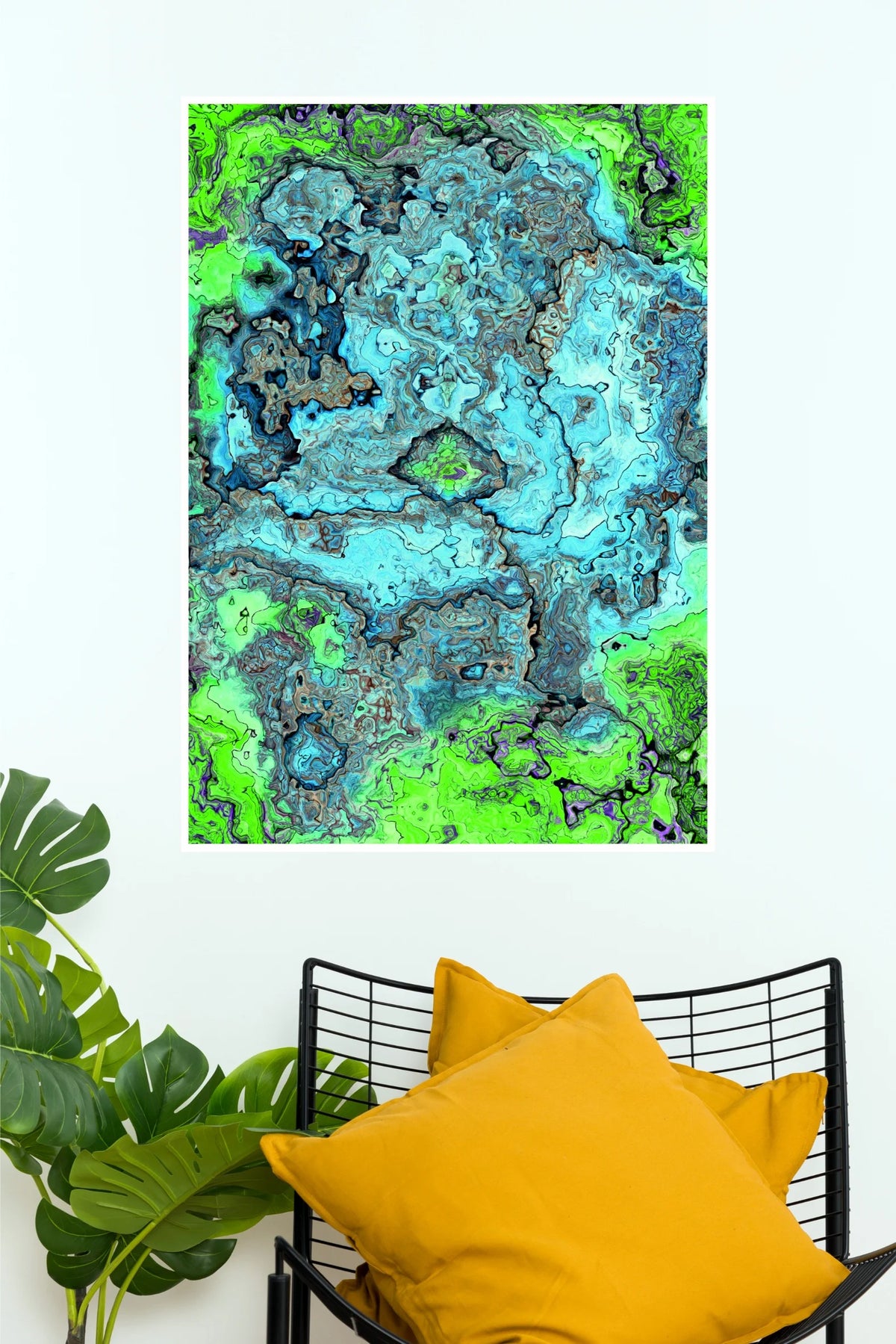 Abstract Blue & Neon Green Marble Texture Poster | Modern Fluid Art Wall Decor  (Art Posters)
