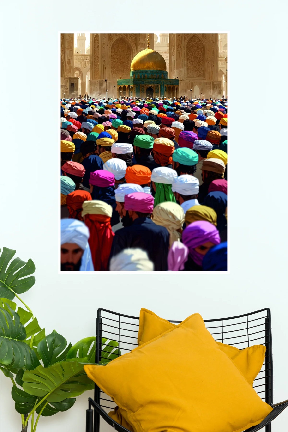 Islamic Prayer Gathering Poster | Golden Mosque & Colorful Muslim Crowd Wall Art  (Art Posters)