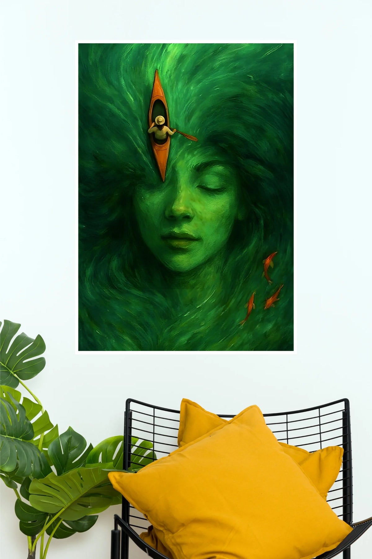 Dreamy Green Kayak Painting Poster | Surreal Woman Portrait Wall Art   (Art Posters)