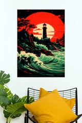 Lighthouse Sunset Ocean Waves Poster | Japanese Style Coastal Wall Art |   (Art Posters)