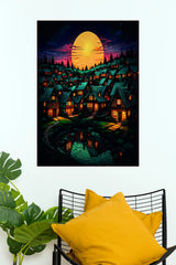 Magical Moonlit Village Poster | Full Moon Fantasy Landscape Wall Decor   (Art Posters)