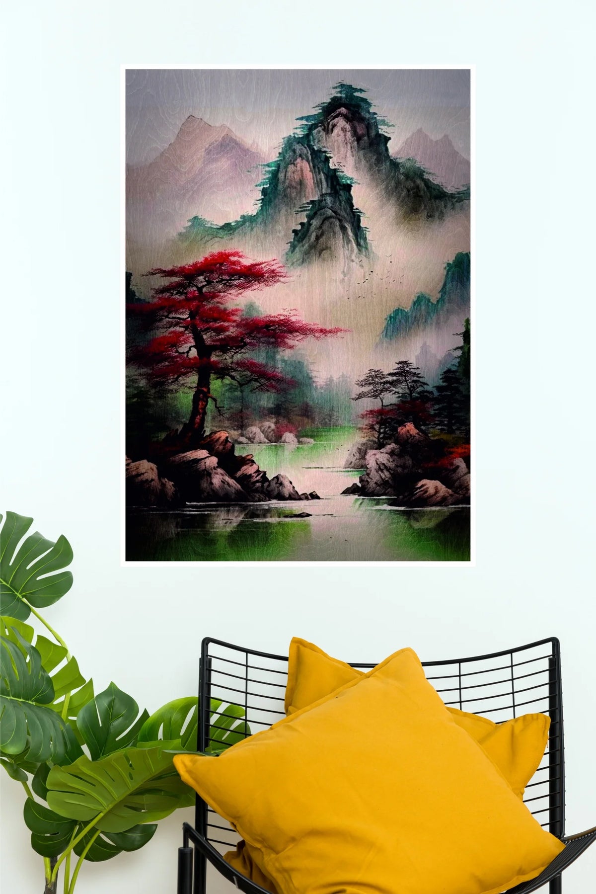 Japanese Red Sakura Tree & Mountain River Landscape Poster | Nature Wall Art  (Art Posters)