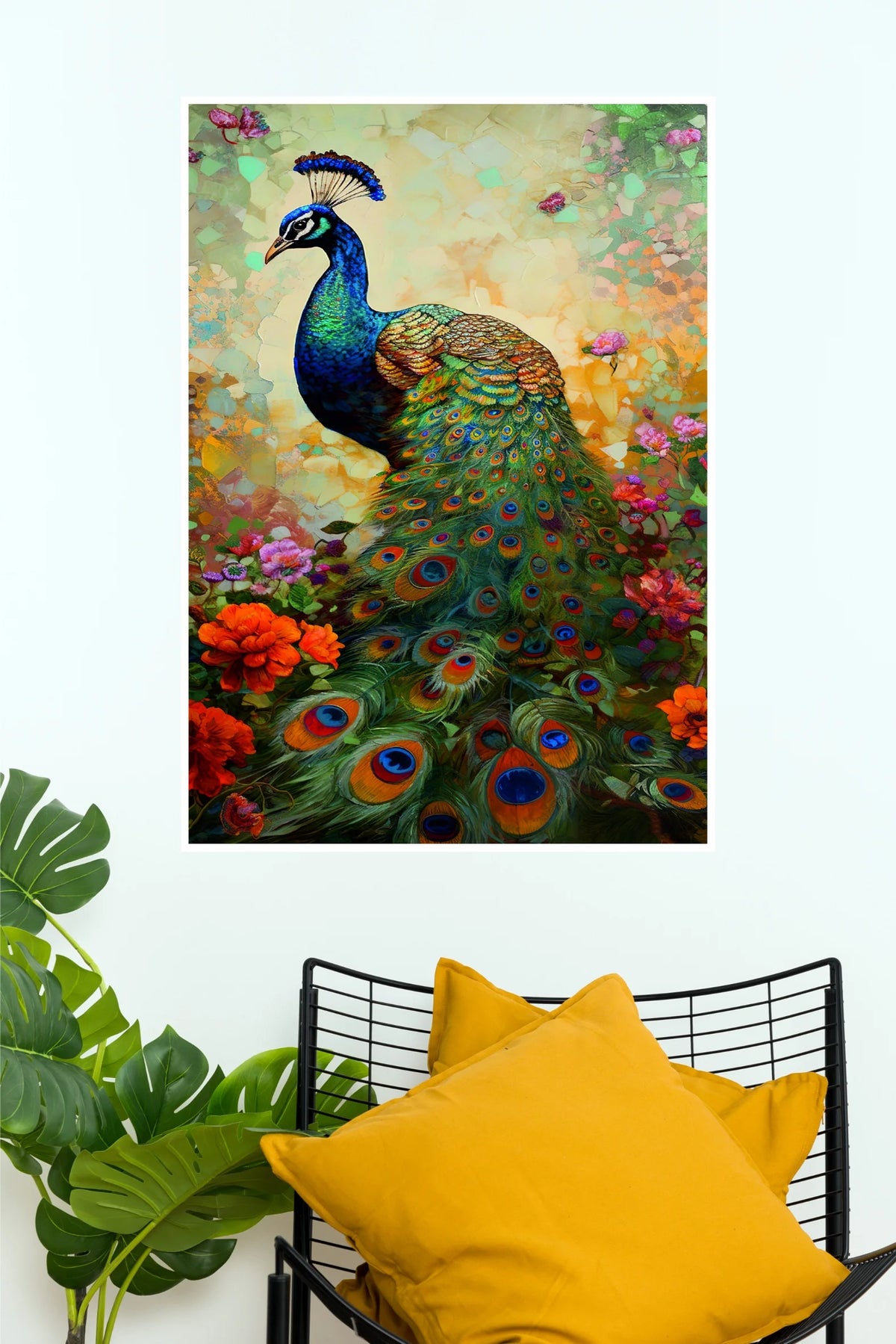 Royal Peacock with Colorful Feathers & Flowers Poster | Beautiful Peacock Wall Art  (Art Posters)