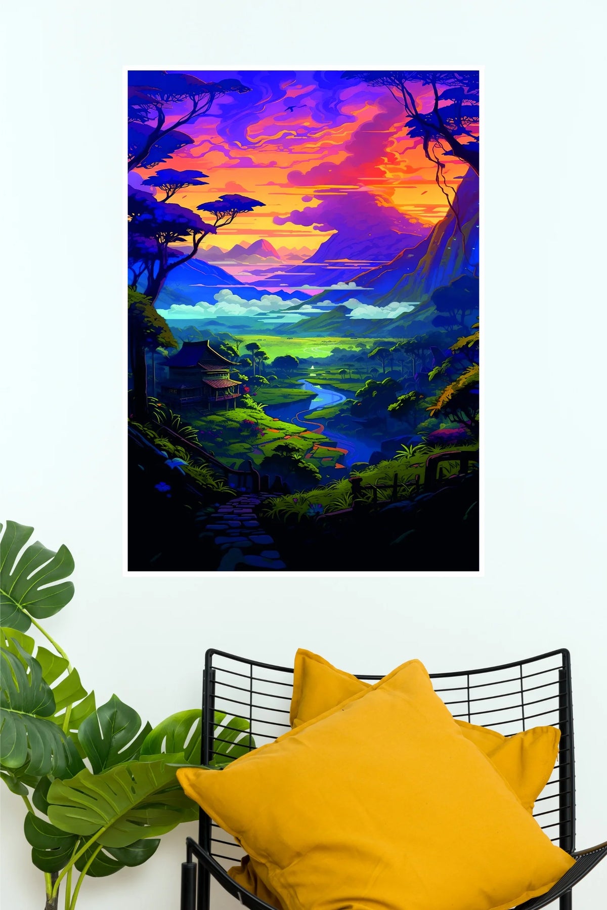 Retro Sunset Nature Valley Poster | Colorful Mountain Landscape Wall Art  (Art Posters)