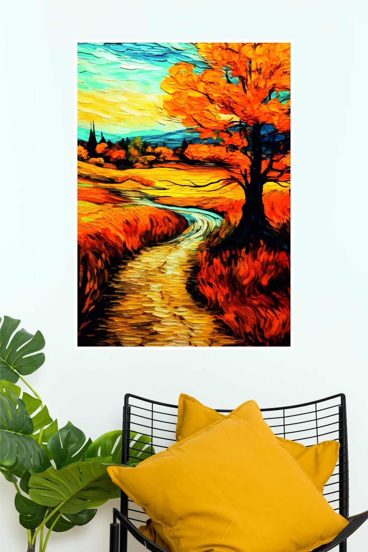 Sunset Stroll Poster | Golden Autumn Landscape Painting Wall Decor  (Art Posters)