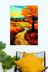 Sunset Stroll Poster | Golden Autumn Landscape Painting Wall Decor  (Art Posters)