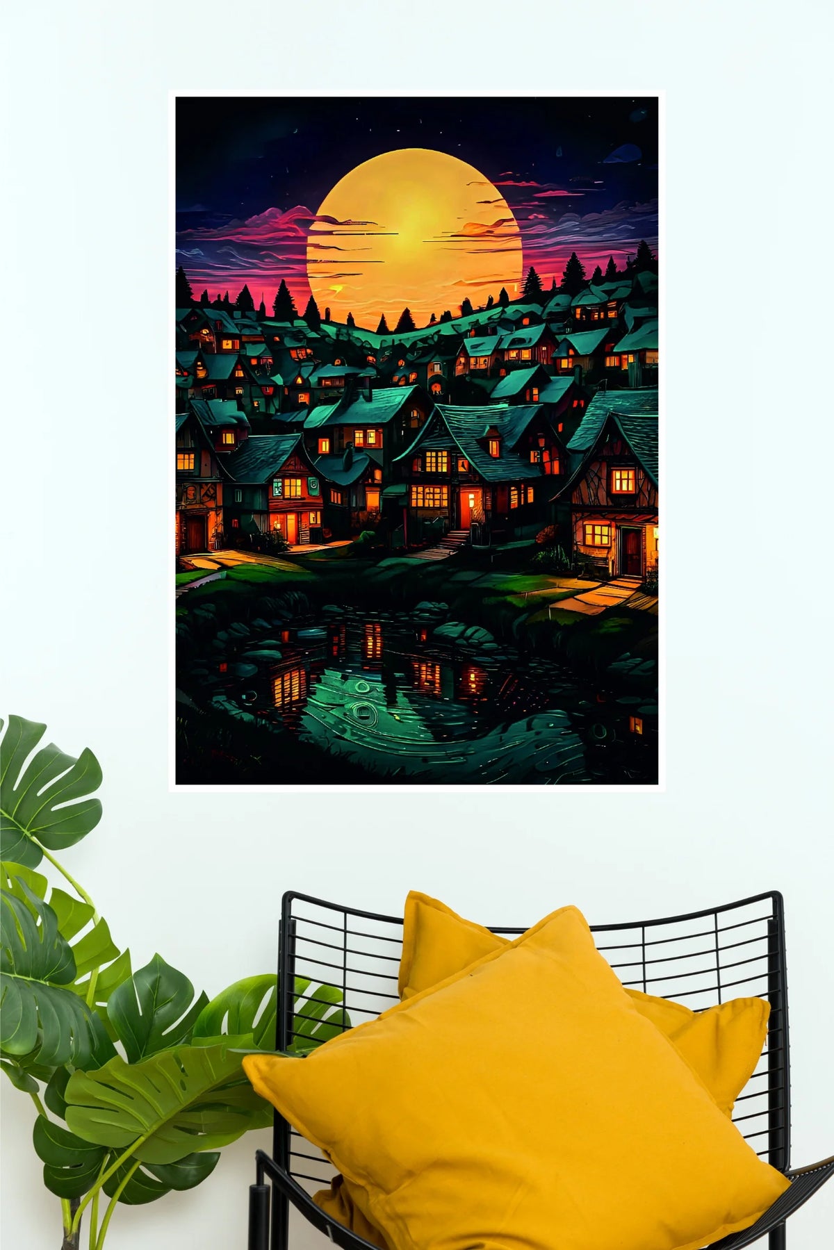 Twilight Reflections Poster | Magical Moonlit Village Landscape Wall Art  (Art Posters)