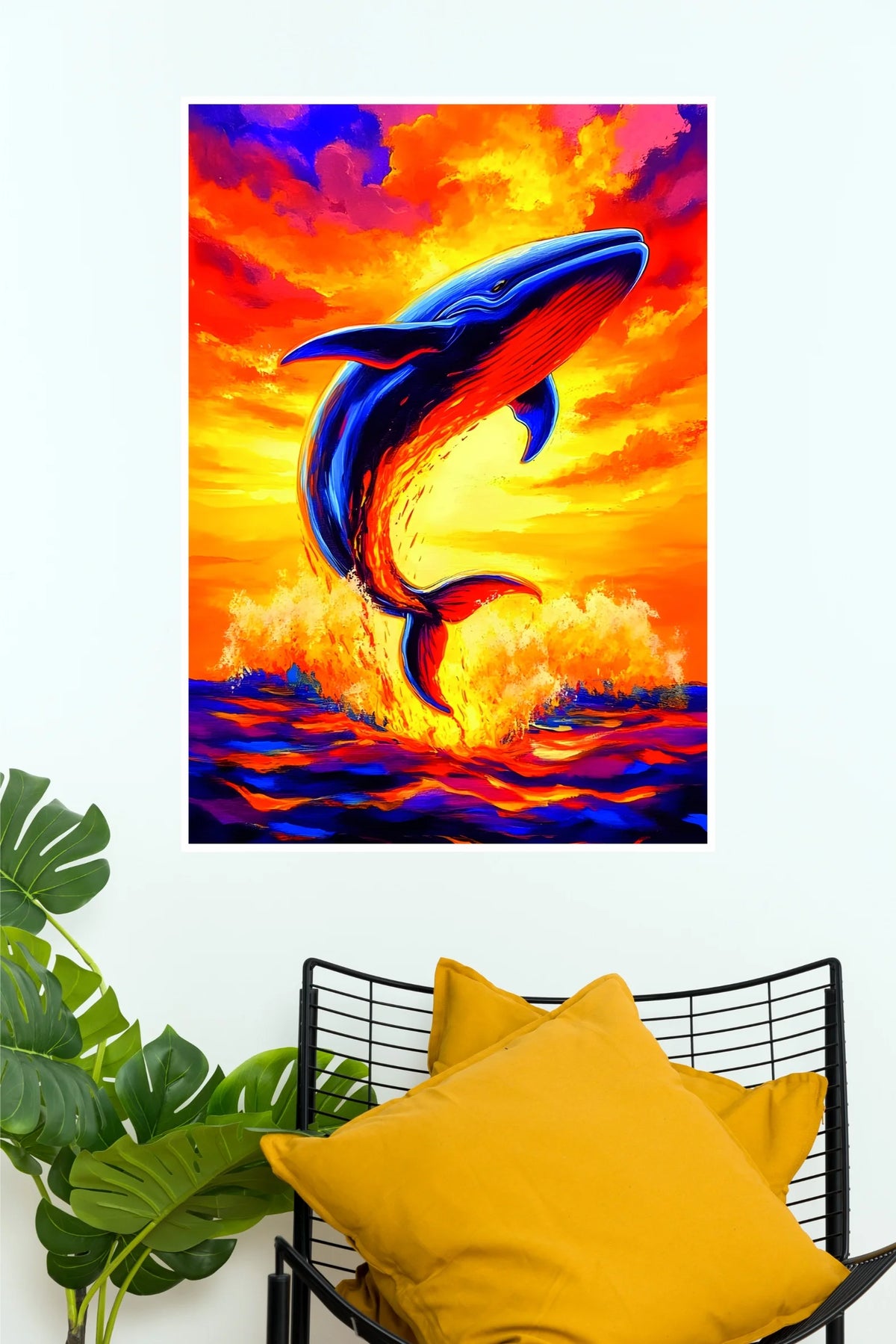 Whale of Fire and Water Poster | Vibrant Blue Whale & Fiery Ocean Sunset Wall Art Poster  (Art Posters)