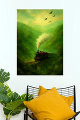 Whispers Through the Hills Poster | Vintage Steam Train & Misty Green Mountain Landscape Wall Art Poster  (Art Posters)