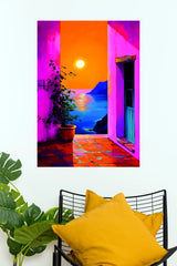 Window to the Sea Poster | Vibrant Mediterranean Sunset & Colourful Coastal Wall Art Poster  (Art Posters)