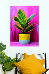 Yellow and Grey Pot Poster | Vibrant Green Rubber Plant & Pink Botanical Wall Art Poster  (Art Posters)