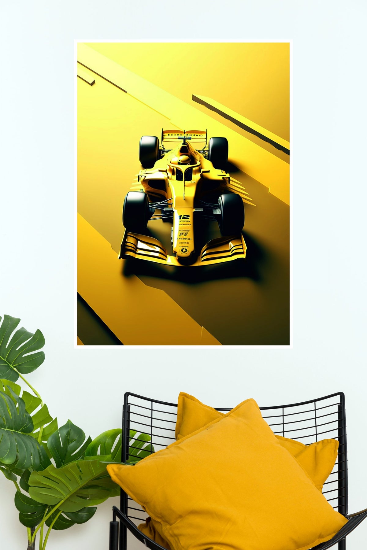 Golden Yellow Formula Racing Car Premium Wall Poster  (Formula Poster)
