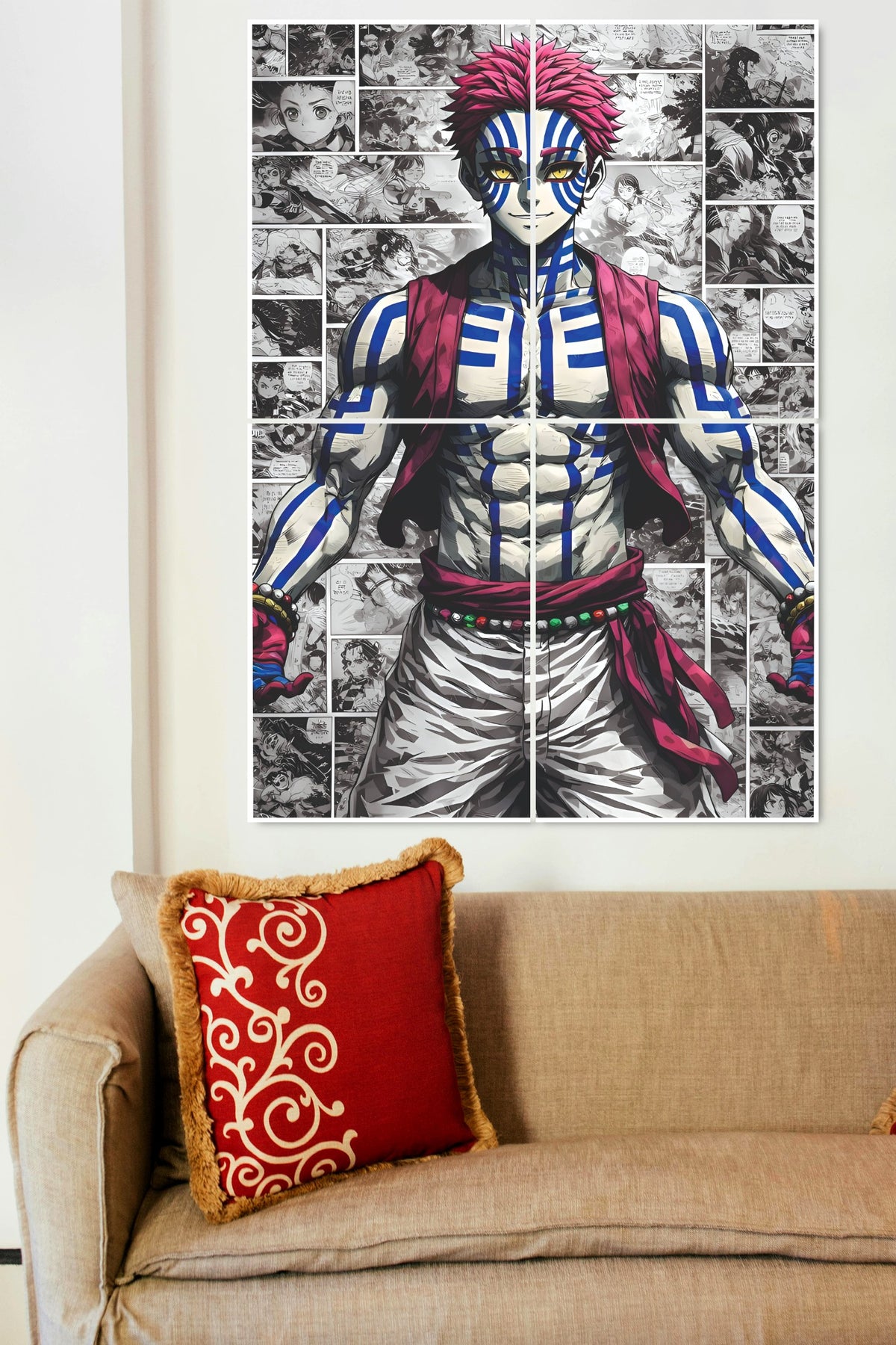 Wall mural of a character with red hair and colorful outfit in a living room.