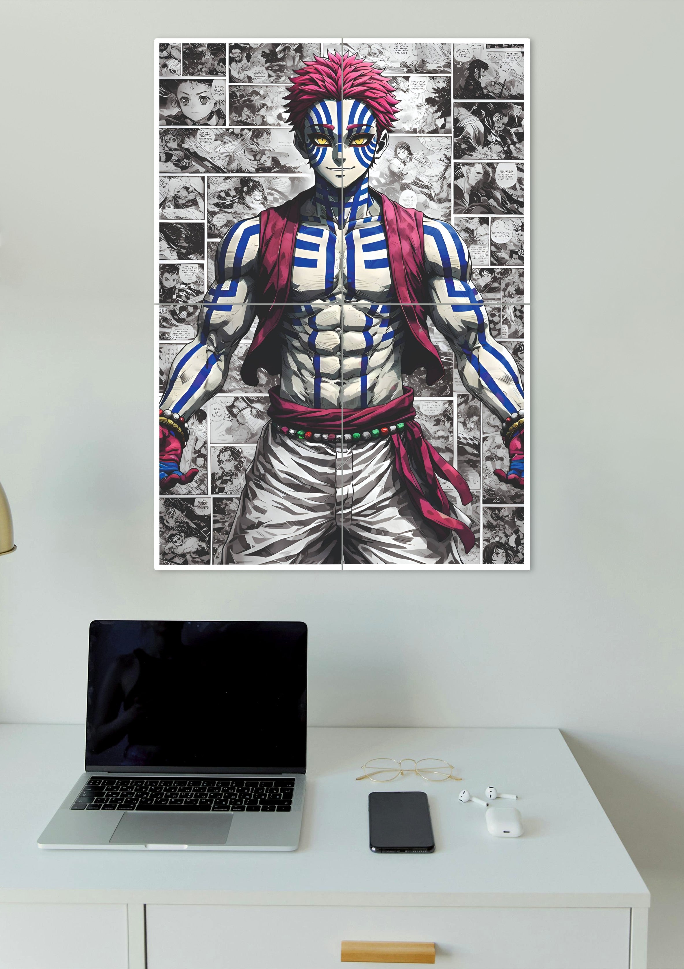 Anime character poster on a wall above a desk with a laptop and phone.