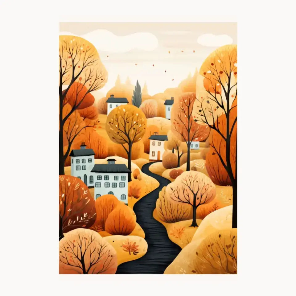 Yellow Tree With Mini Homes Metal Poster