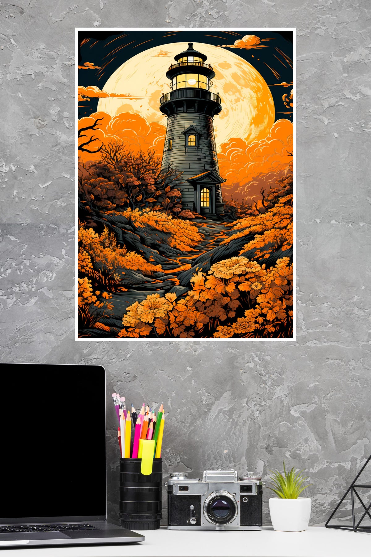 A Painting of A lighthouse With Flowers And The Sun Behind it Poster | Art Posters