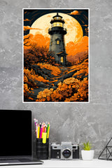 A Painting of A lighthouse With Flowers And The Sun Behind it Poster | Art Posters