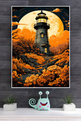 A Painting of A lighthouse With Flowers And The Sun Behind it Poster | Art Posters