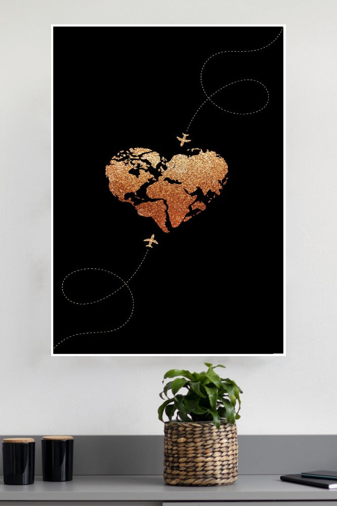 Black and gold heart World Map| Love Posters