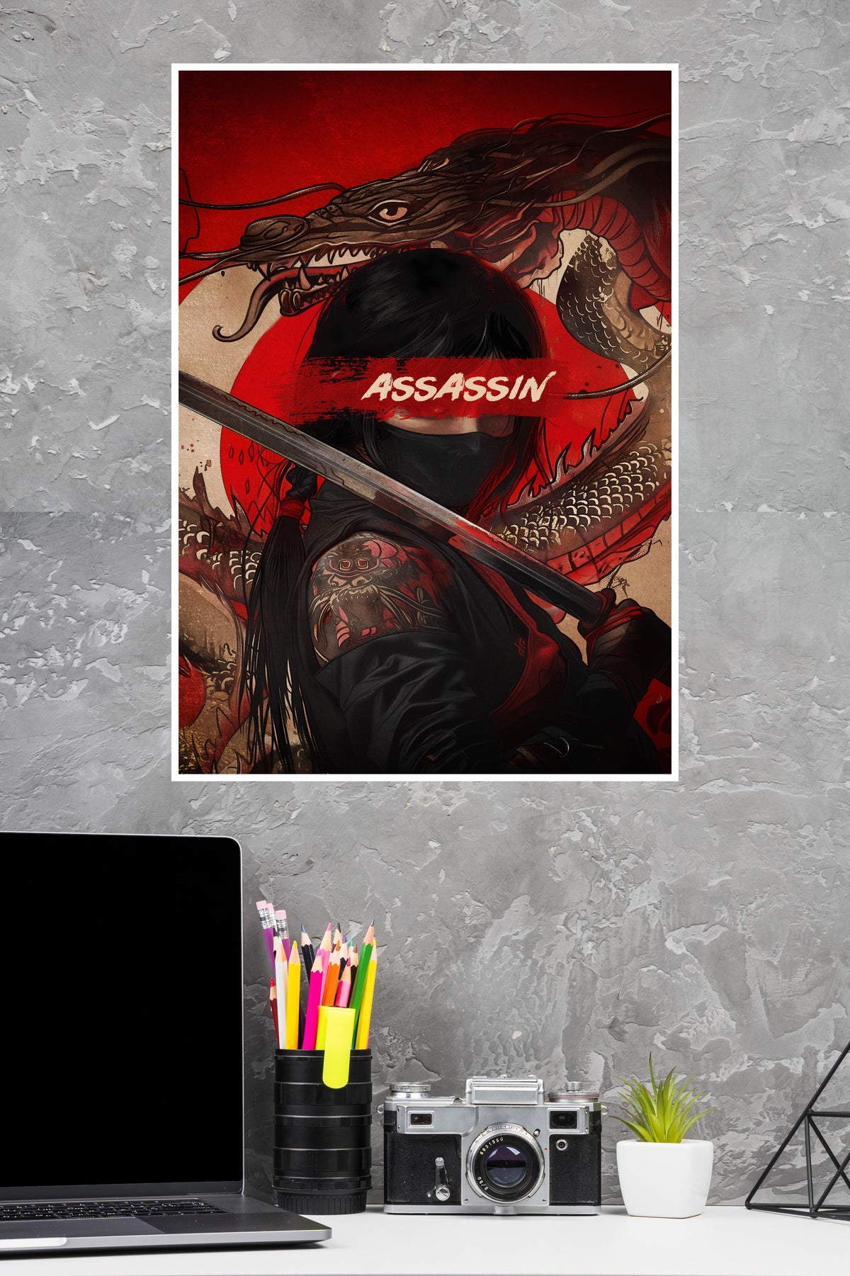 Ilustraction of Ninja Samurai With Neon Red And Moon For Backround Poster | Art Posters