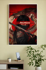 Ilustraction of Ninja Samurai With Neon Red And Moon For Backround Poster | Art Posters