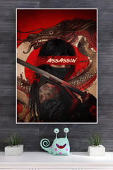 Ilustraction of Ninja Samurai With Neon Red And Moon For Backround Poster | Art Posters