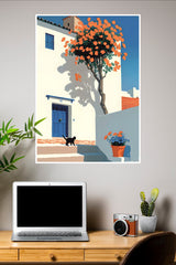 Mediterranean Blue Door & Orange Blossoms Poster| Art Posters