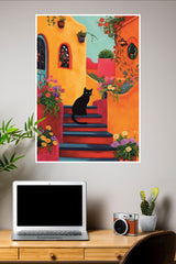 Midnight Cat in a Colorful Alley Artistic Poster | Art Posters