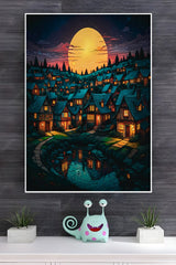 Night Scene of A Village With A River And A Full Moon Poster | Art Posters