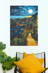 Moonlit Coastal Village Paper Poster(Moon Light Sky Poster)