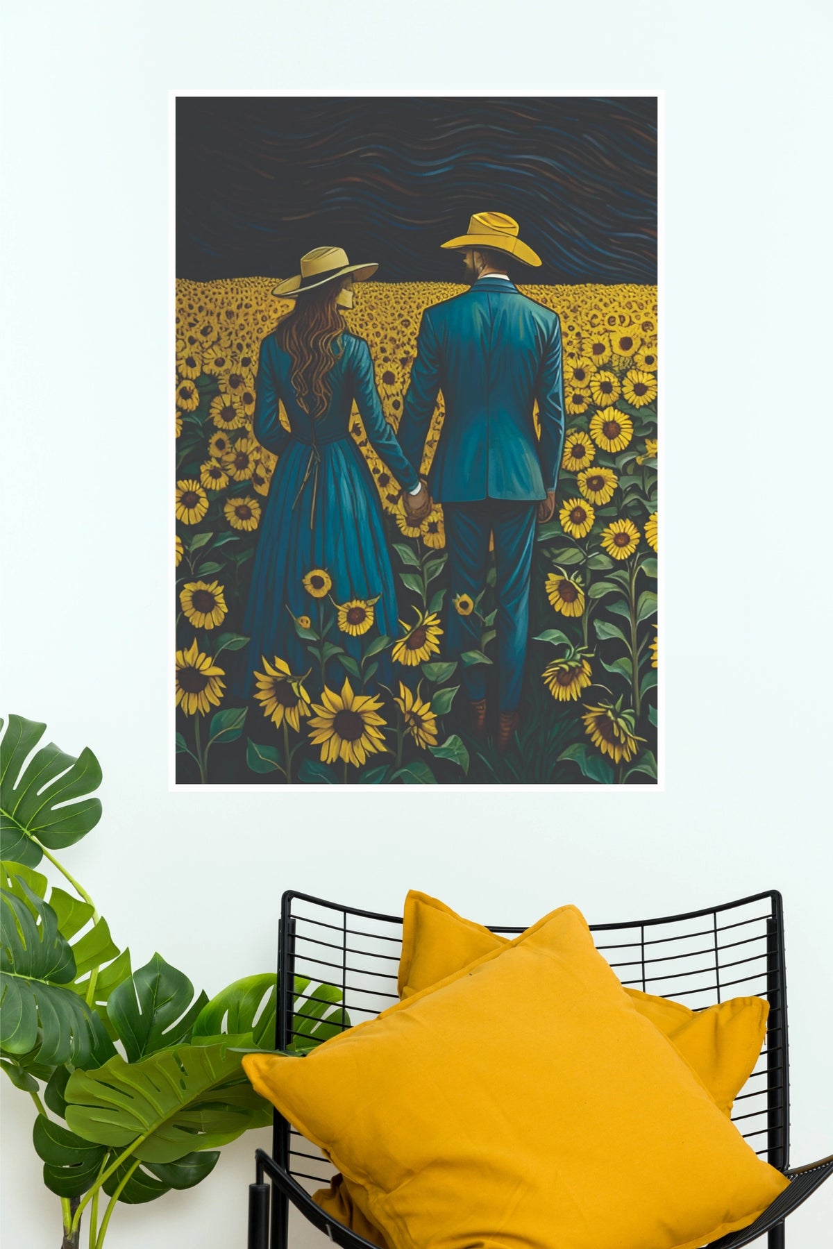 Romantic Couple Walking in Sunflower Field Poster | Love & Nature Wall Art(Moon Light Sky Poster)