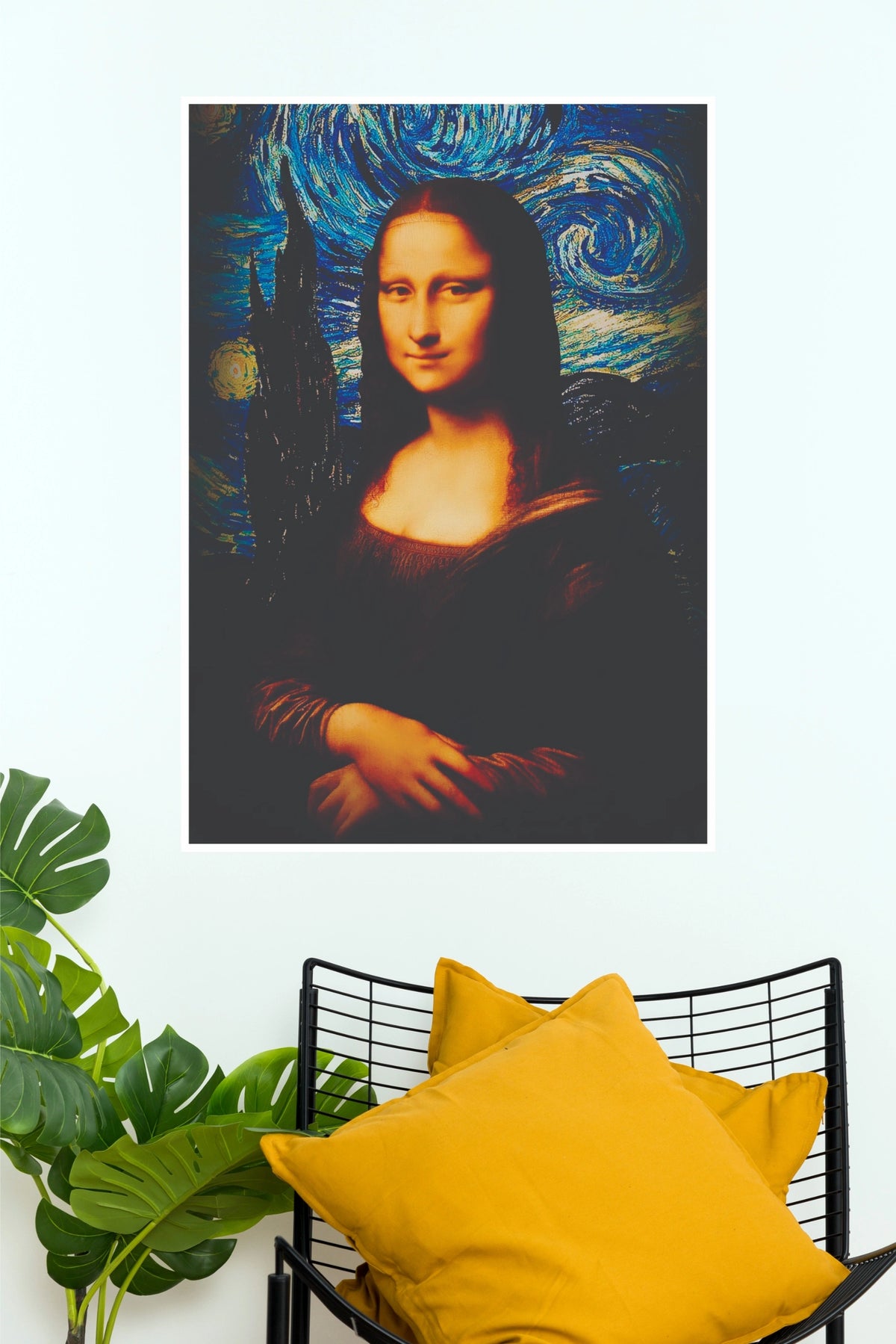 Da Vinci Meets Van Gogh Poster | Mona Lisa Starry Night Fusion Wall Art(Moon Light Sky Poster)