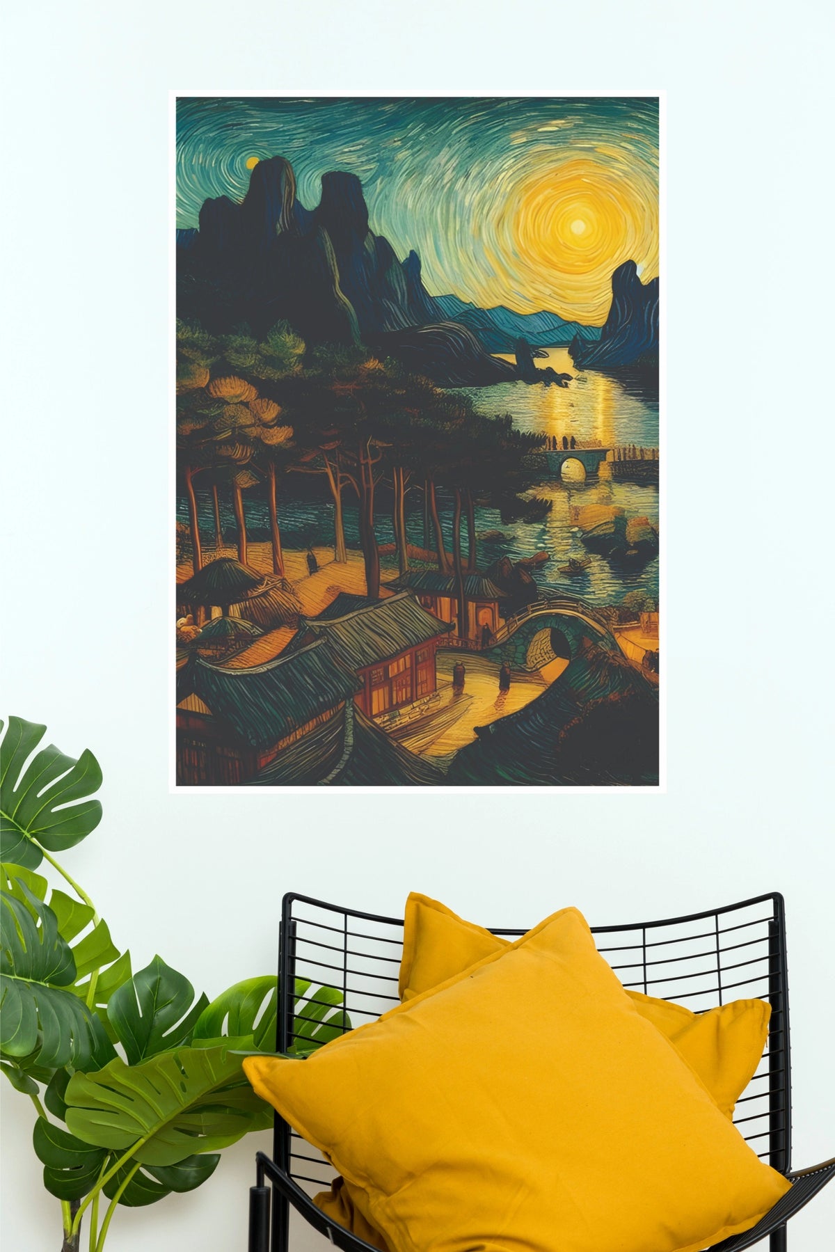 Dreaming of Rio Poster | Tropical Village Sunset Landscape Wall Art(Moon Light Sky Poster)