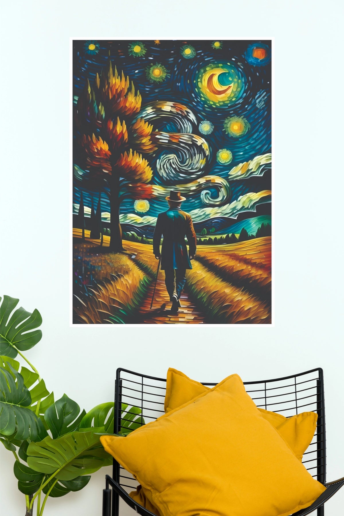 Starry Night Wanderer Poster | Van Gogh Inspired Man Walking Wall Art(Moon Light Sky Poster)