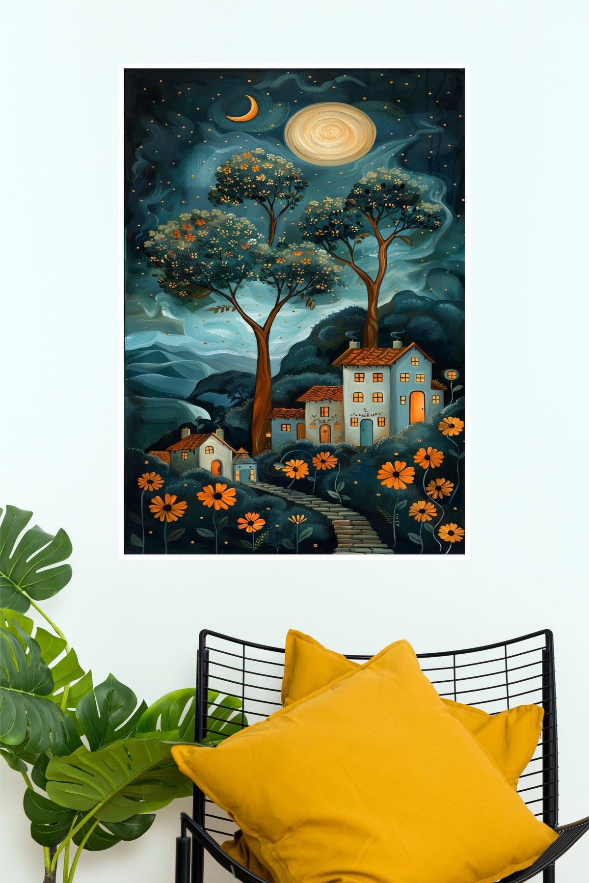 Ocean of Lights Whimsical Night Village Canvas Art Poster(Moon Light Sky Poster)
