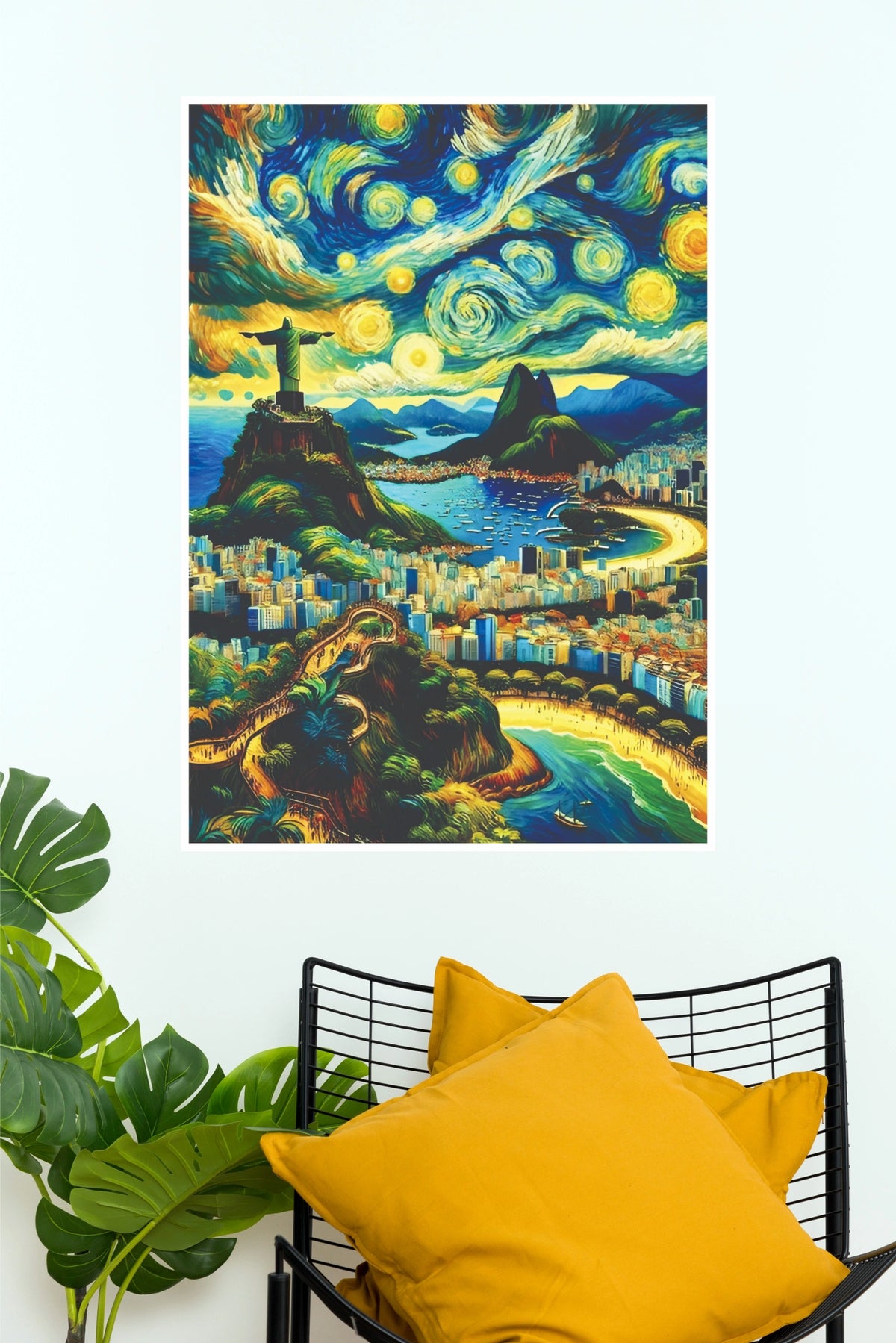 Starry Rio de Janeiro Impressionist Landscape Canvas Art Poster(Moon Light Sky Poster)