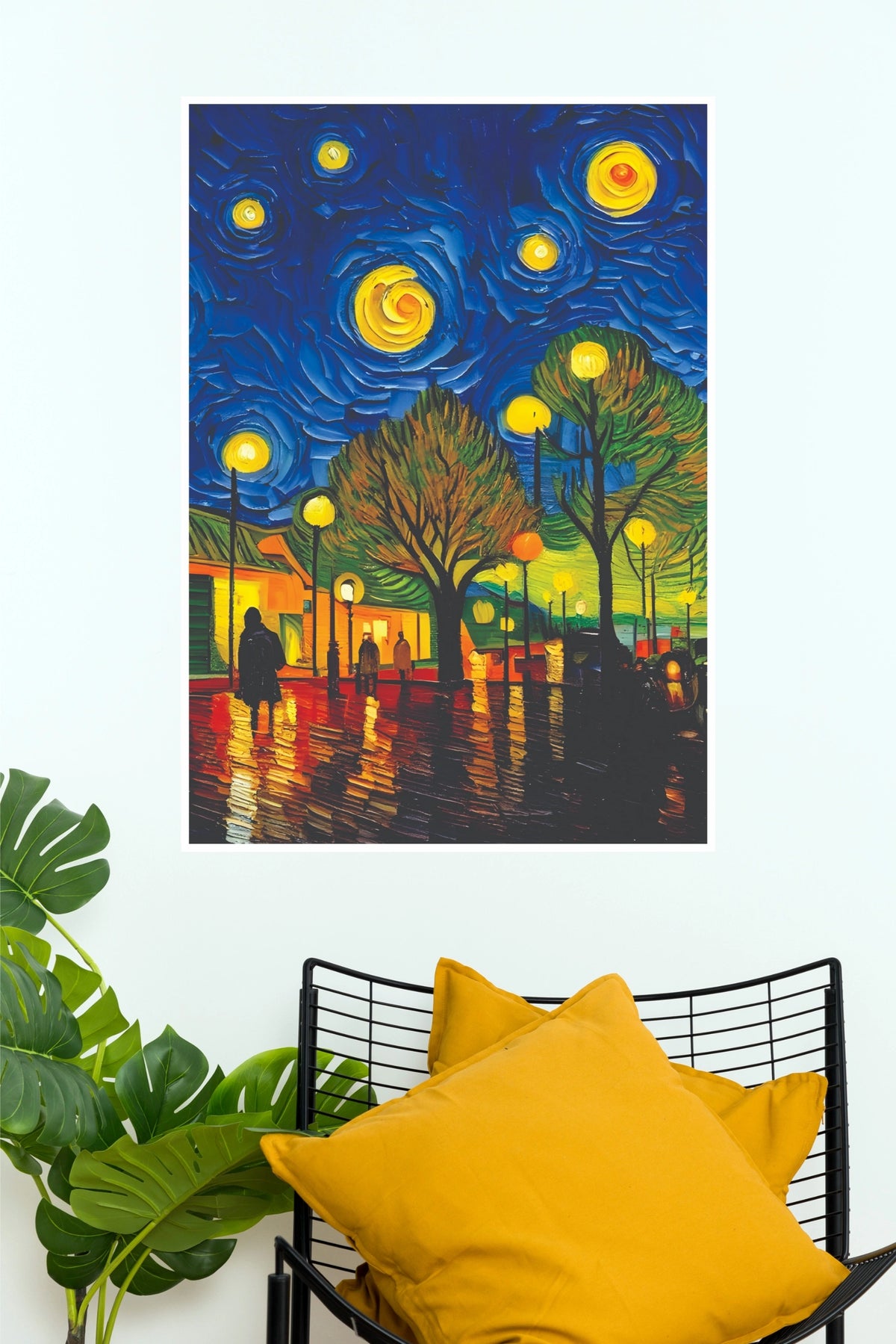 Starry Night Street Impressionist Oil Painting Canvas Art Poster(Moon Light Sky Poster)