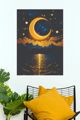 Tropical Starry Night Moon and Mountain Landscape Poster(Moon Light Sky Poster)