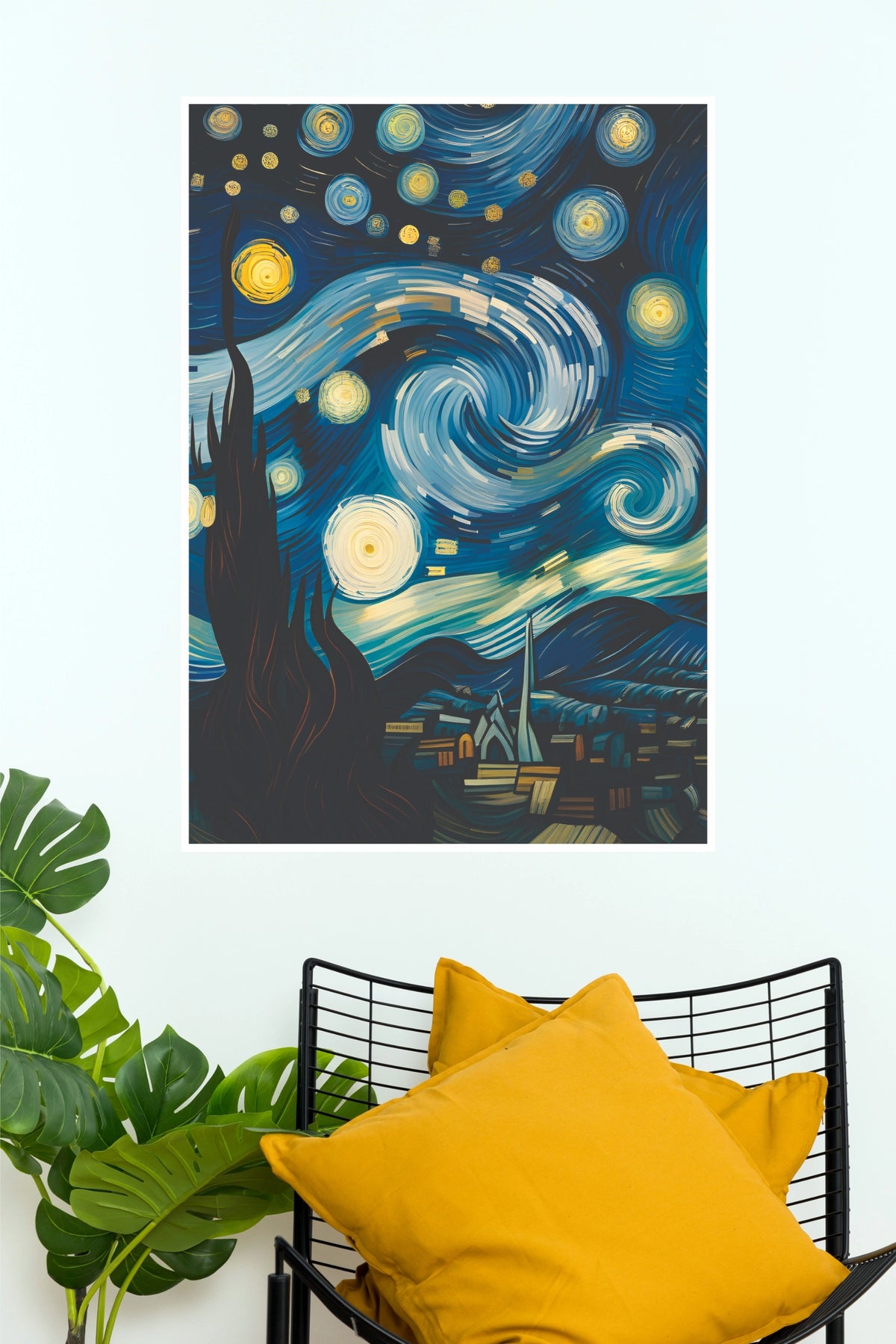 Abstract Starry Night Village Swirl Art Poster(Moon Light Sky Poster)
