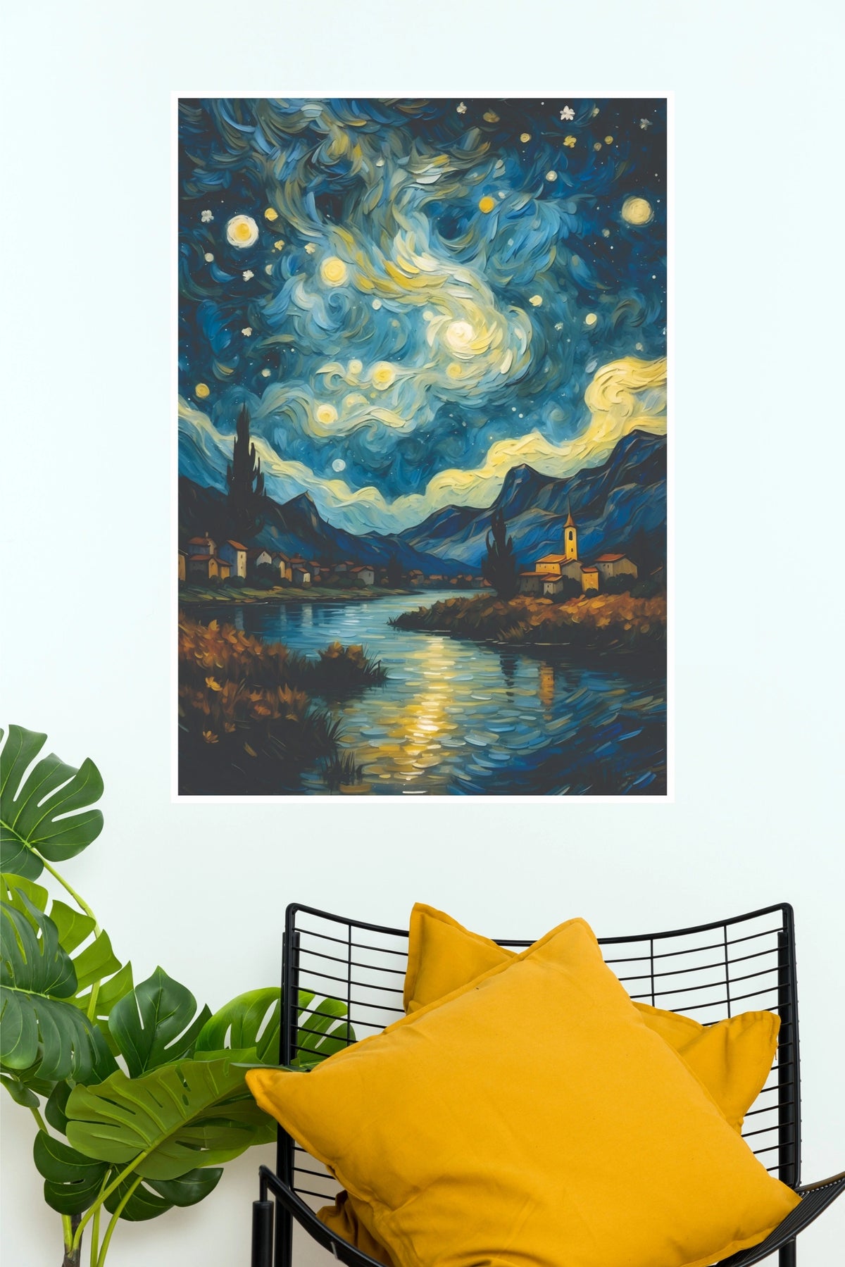 Starry Night Village Lake Abstract Art Poster(Moon Light Sky Poster)