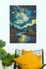 Starry Night Village Lake Abstract Art Poster(Moon Light Sky Poster)