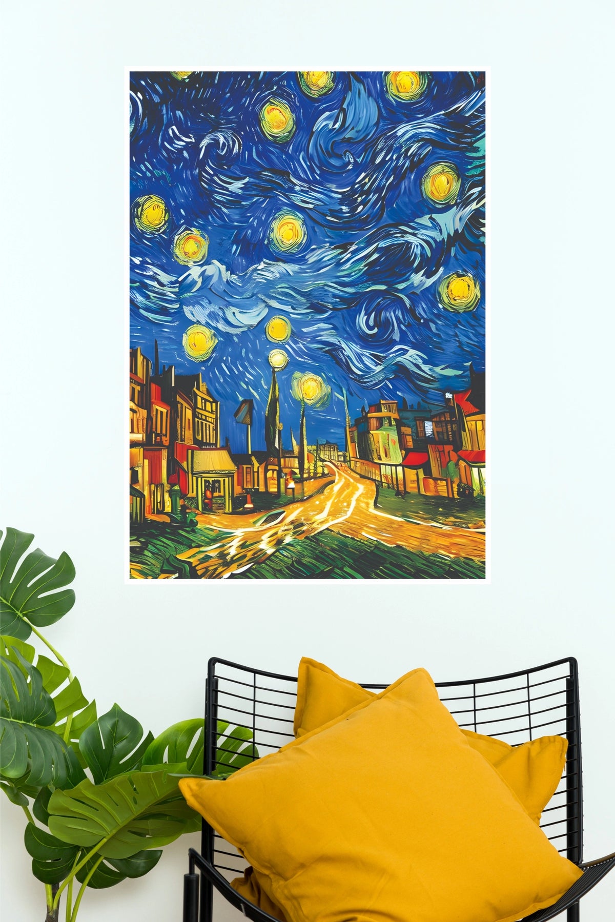 Starry Night City Street Canvas Print - Van Gogh Style Urban Landscape Poster(Moon Light Sky Poster)