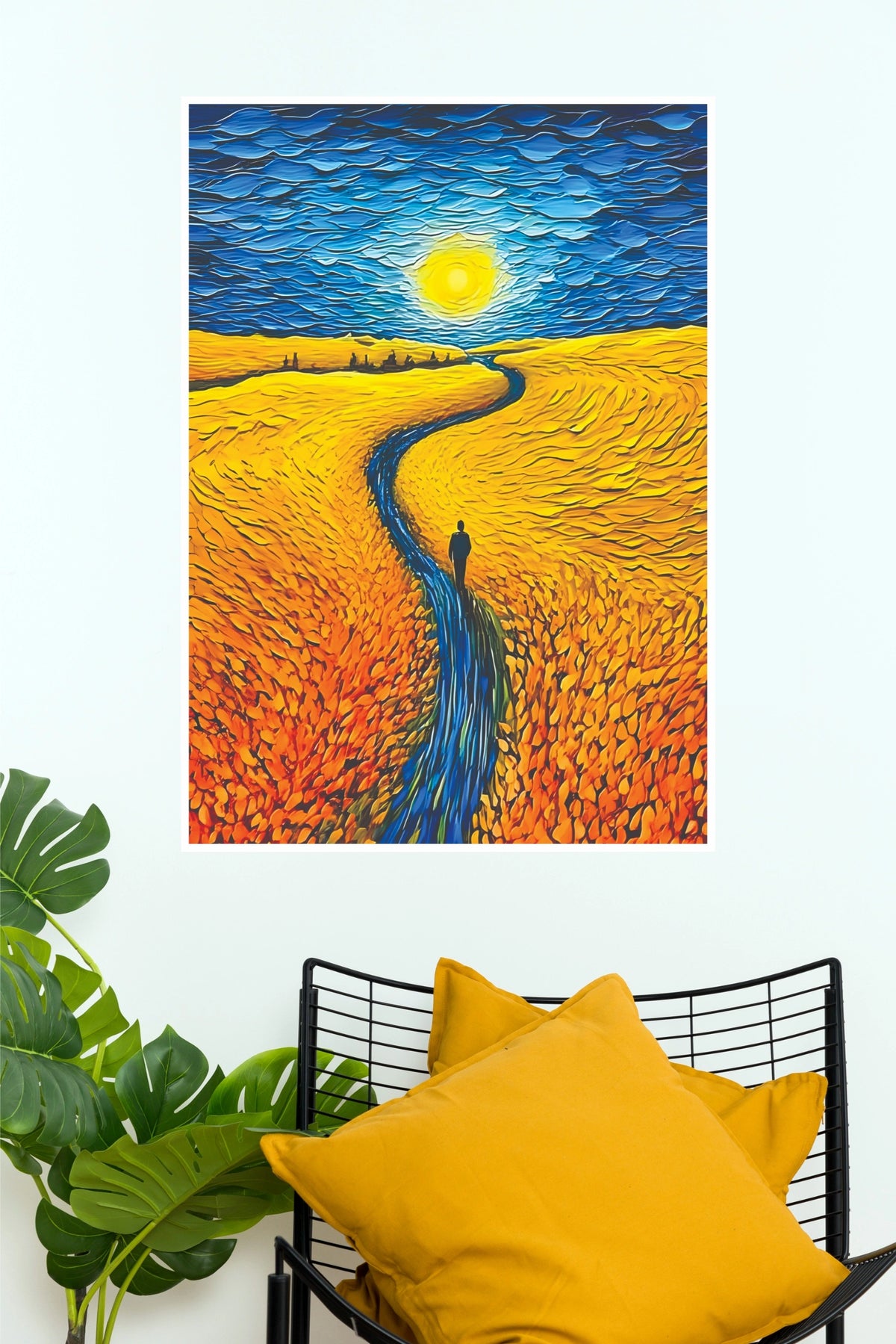 Golden Field Wanderer Poster | Abstract Sunset Landscape Wall Art(Moon Light Sky Poster)