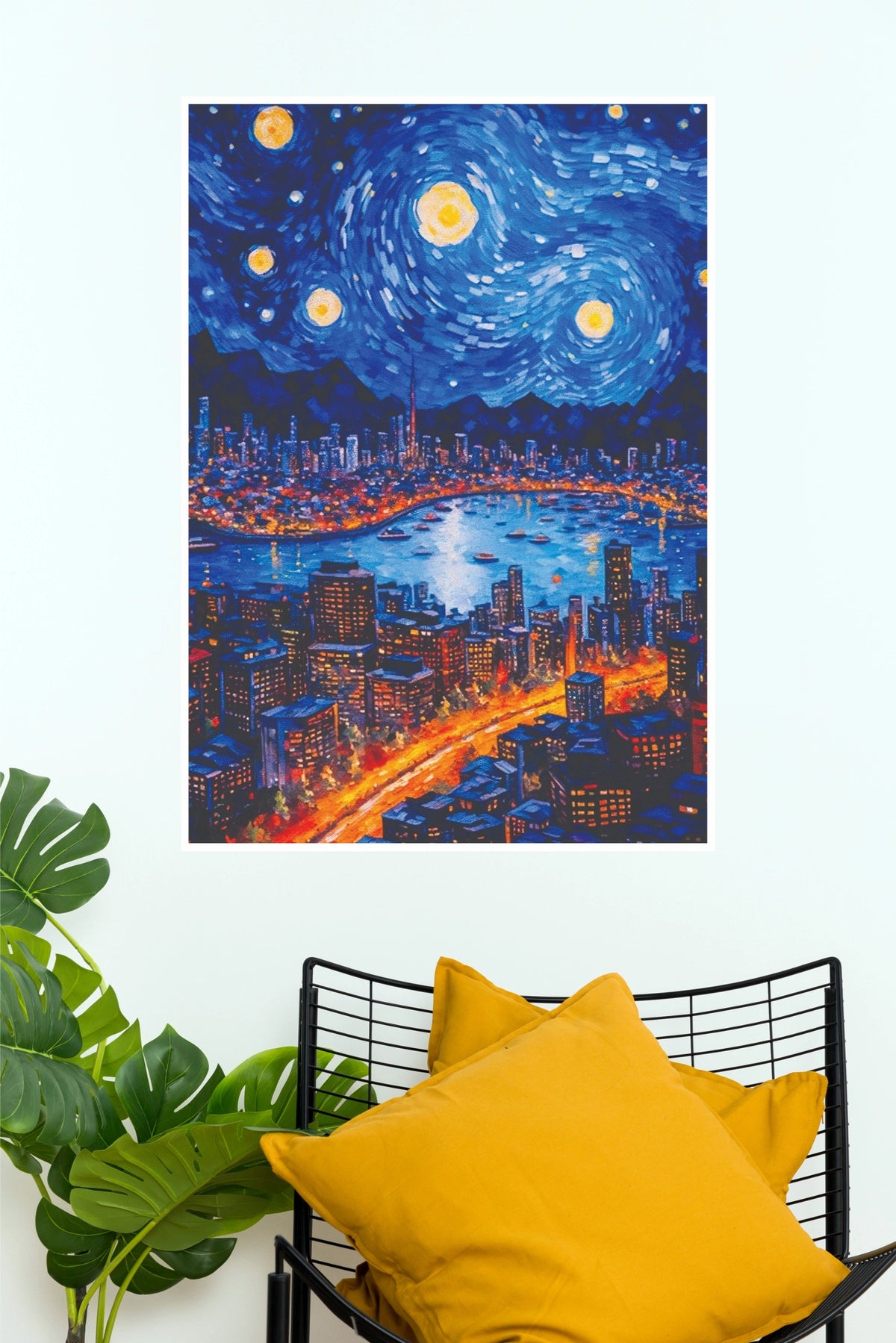 Starry Night City Skyline Poster | Modern Urban Wall Art(Moon Light Sky Poster)