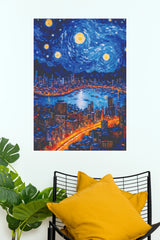 Starry Night City Skyline Poster | Modern Urban Wall Art(Moon Light Sky Poster)